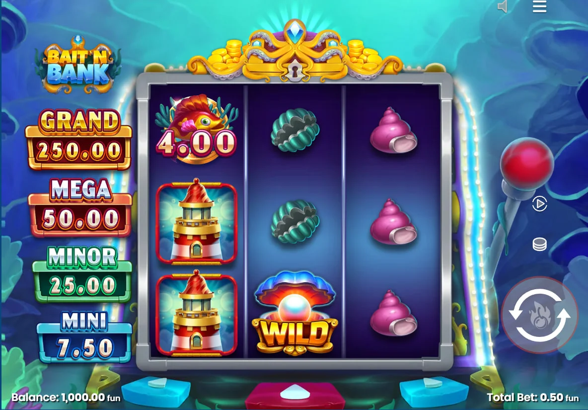 Main 3x3 reel set of Bait 'n' Bank slot featuring lighthouse and lure symbols on an underwater background for a clear view of the interface.