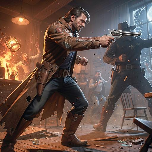A gritty Wild West outlaw in a saloon standoff, illustrating the high-stakes action of bandit-themed demo slots available for free play