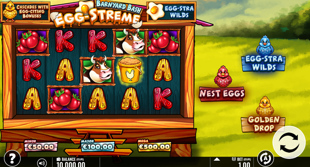 Barnyard Bash Egg-streme slot main game showing 5x3 reels with cow and vegetable symbols on a sunny farm background.