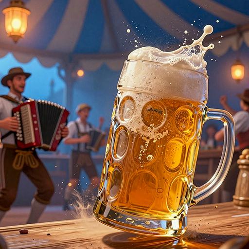 A frothing beer stein at a lively Oktoberfest celebration, shown in a dynamic view that captures the festive energy, illustrating the core atmosphere of beer-themed slots.