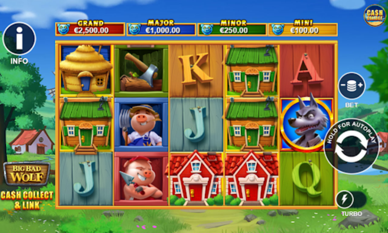 Main 5x3 reel grid of Big Bad Wolf Cash Collect & Link slot featuring three little pigs and wooden frame.