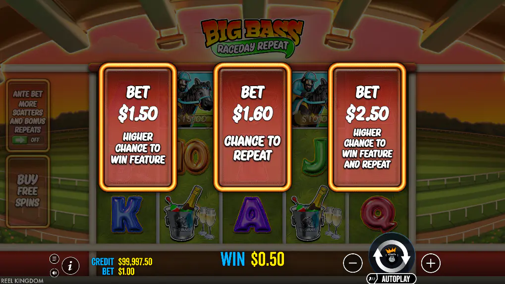 Big Bass Raceday Repeat Ante Bet menu with boosted stake options, helpful for understanding faster bonus access modes