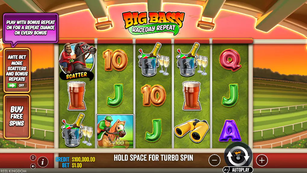 Big Bass Raceday Repeat base reels in normal play, race-day symbols visible, useful for showing the slot layout to players