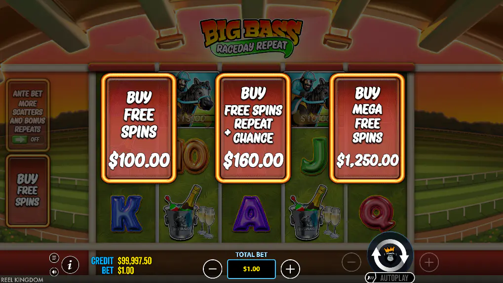 Big Bass Raceday Repeat Buy Free Spins menu, 100x 160x and 1250x options shown, important for bonus cost comparison