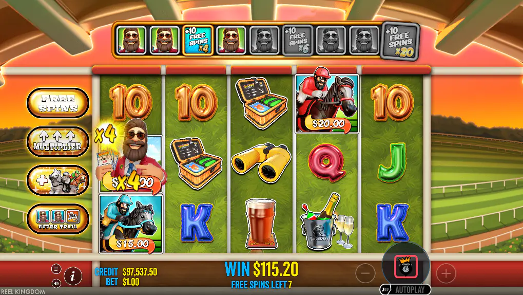 Big Bass Raceday Repeat free spins screen with fisherman wild collecting money symbols, showing the core bonus feature in action