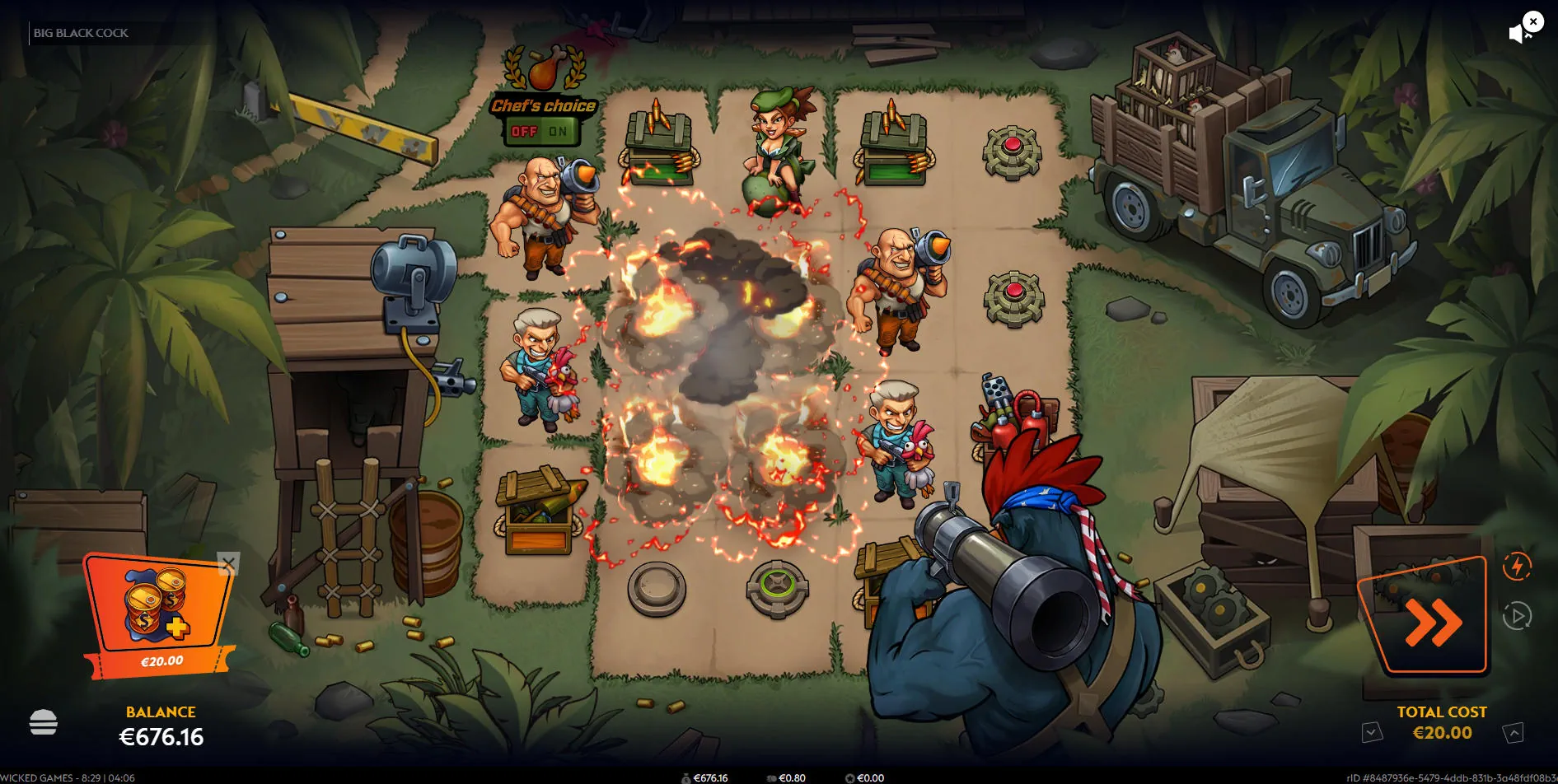 The rooster firing a bazooka to deploy Exploding Scatters during the Go Loud ante bet respin in Big Black Cock slot, guaranteeing action for a 25x premium
