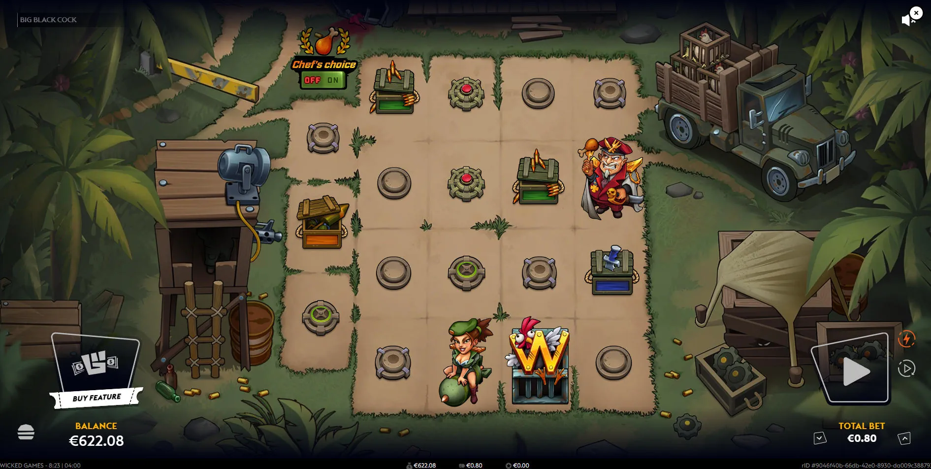 The unorthodox 3-4-4-4-4 base game grid in Big Black Cock slot displaying character premium symbols, illustrating the 768 ways to win mechanic