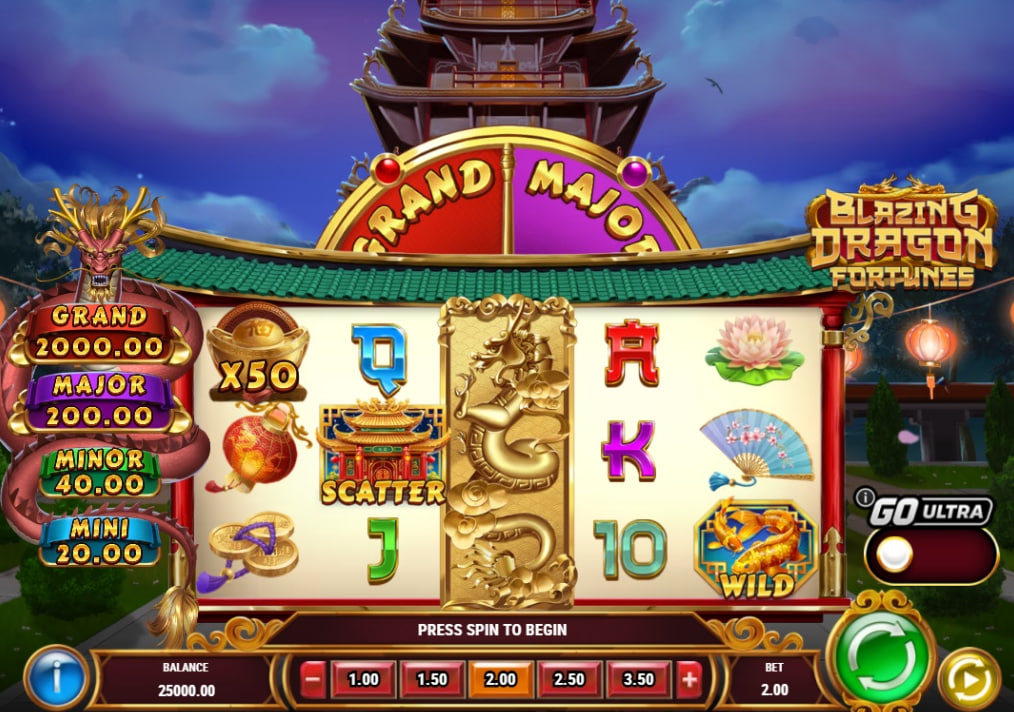 Blazing Dragon Fortunes slot base game interface showing 5 reels and GO Ultra button by Play'n GO.