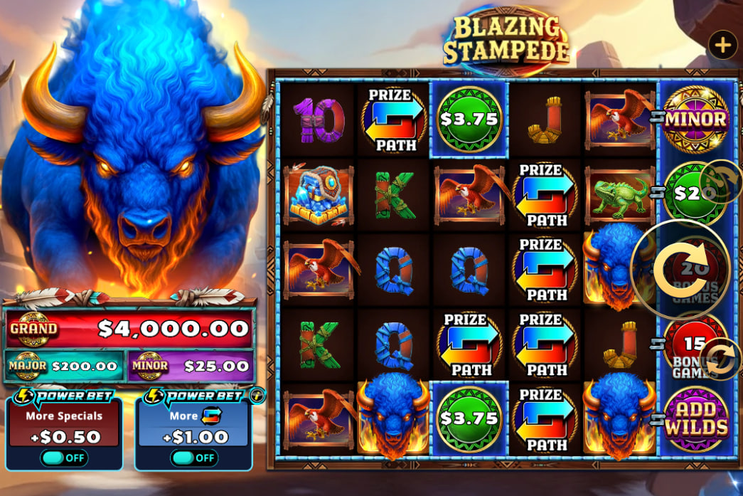 Blazing Stampede slot base game interface showing 6 reels, 1875 ways, and blue buffalo symbols.