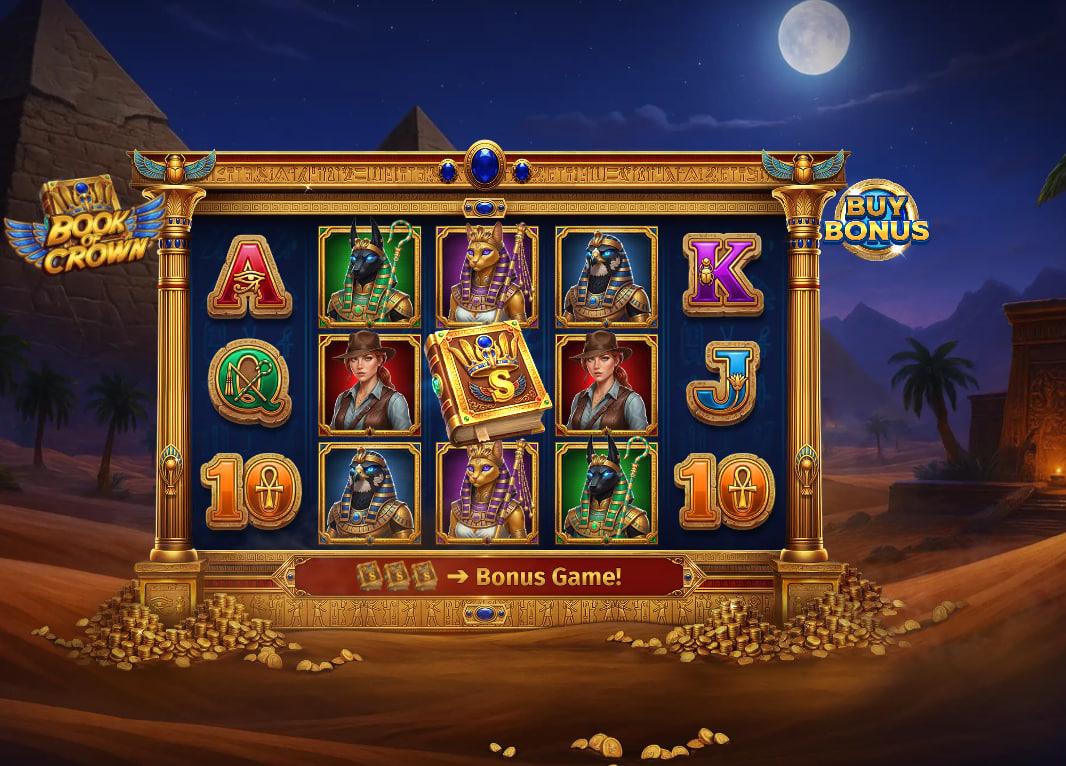 ase game interface of Book of Crown slot by PoggiPlay featuring a 5x3 grid with Egyptian god symbols and pyramids in the background.