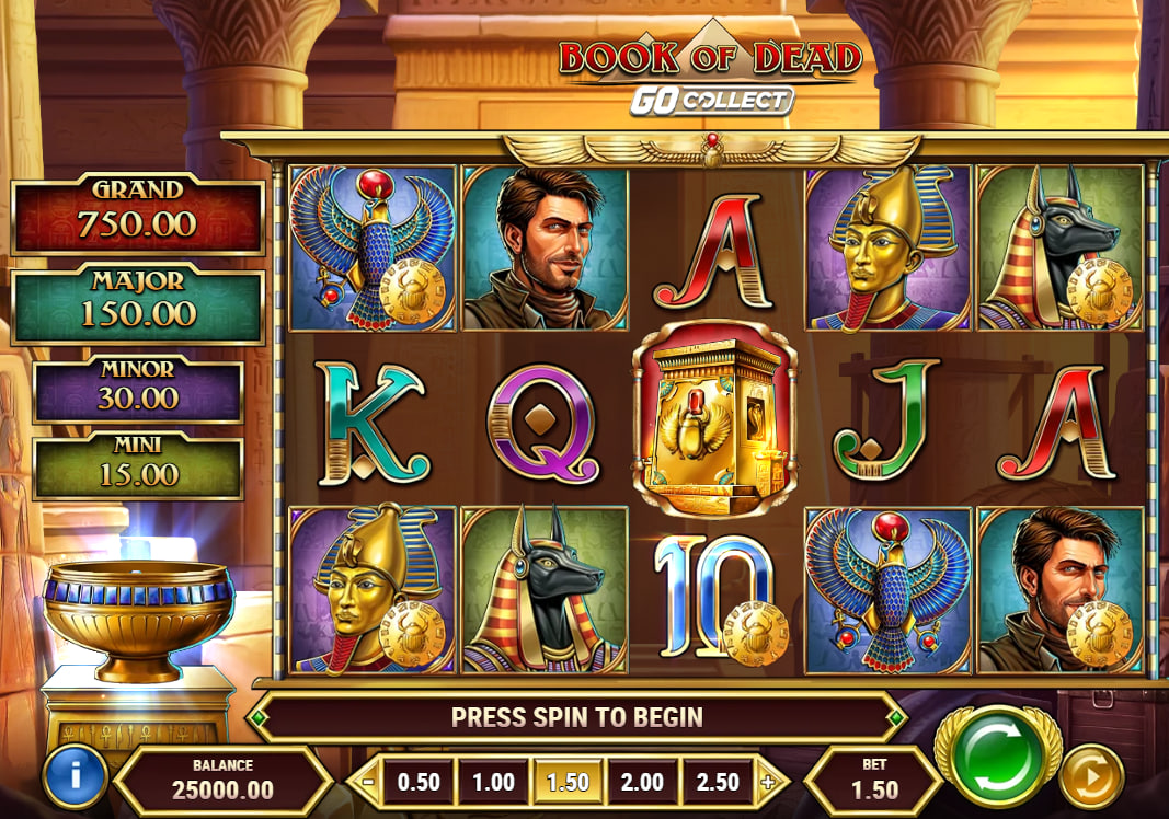 Play'n GO Book of Dead GO Collect slot base game showing Rich Wilde and Egyptian symbols on 5 reels.