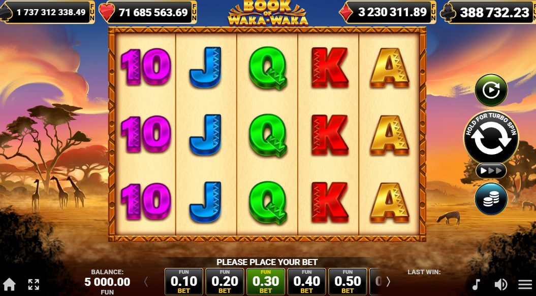 Book of Waka Waka slot base game interface with safari theme and 5x3 grid.