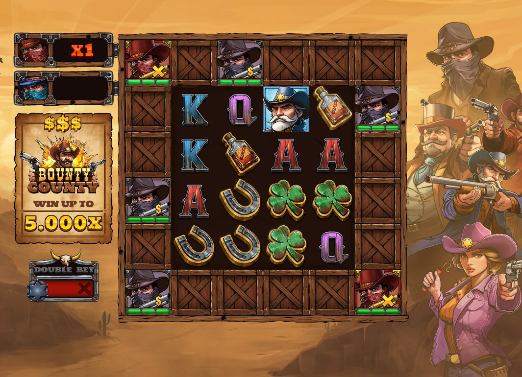 Bounty County slot main 5x5 grid featuring cowboy symbols, whiskey bottles, and wooden crates in a Wild West canyon setting.