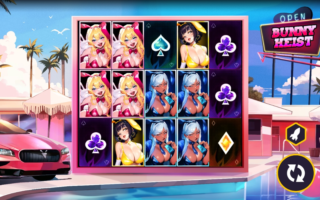 Bunny Heist slot base game 3x5 grid featuring anime characters and neon aesthetic