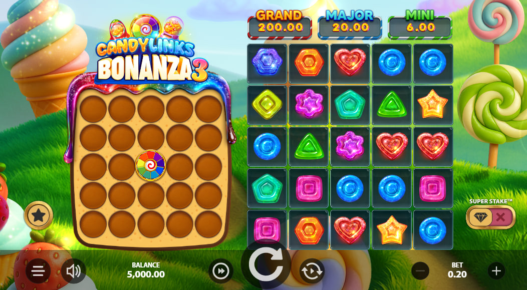 Candy Links Bonanza 3 slot base game 5x5 grid with pink background and coin symbols.