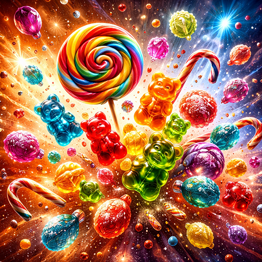A dynamic cascade of colorful candies and lollipops, representing the vibrant gameplay of Candy-themed slots available for free on the page