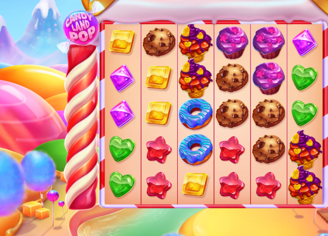 Candyland Pop slot base game 6x5 grid with pay anywhere mechanics and candy symbols.