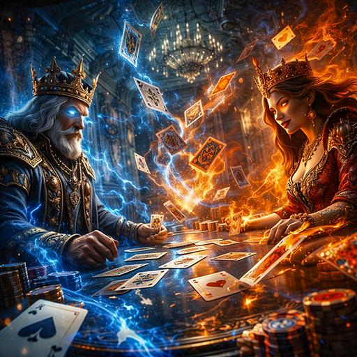 Fantastical card game in progress, showing a King and Queen with glowing eyes, used to represent the strategic and magical elements of card-themed slots.