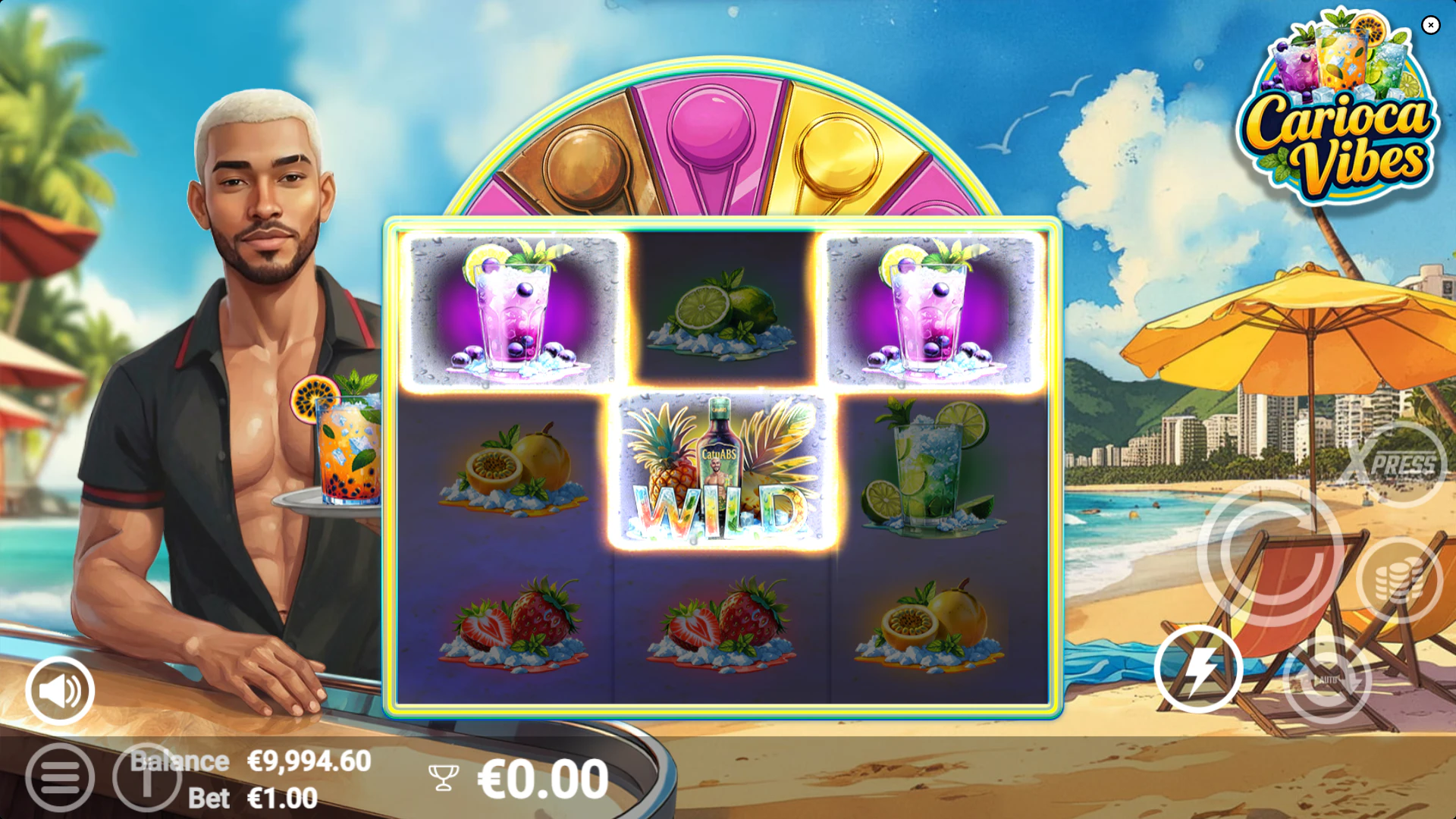 A winning combination of passion fruit cocktail symbols on the 3x3 grid of the Carioca Vibes slot, demonstrating a standard payout in the base game.