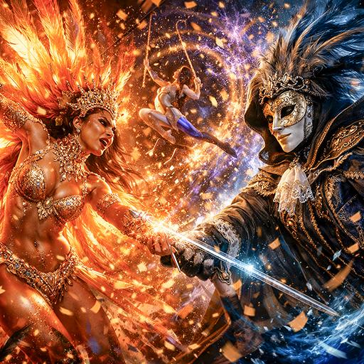 A dynamic digital artwork of carnival characters, featuring a Rio dancer and a Venetian mask, in a swirl of color, representing the energy of Carnival-themed slots.
