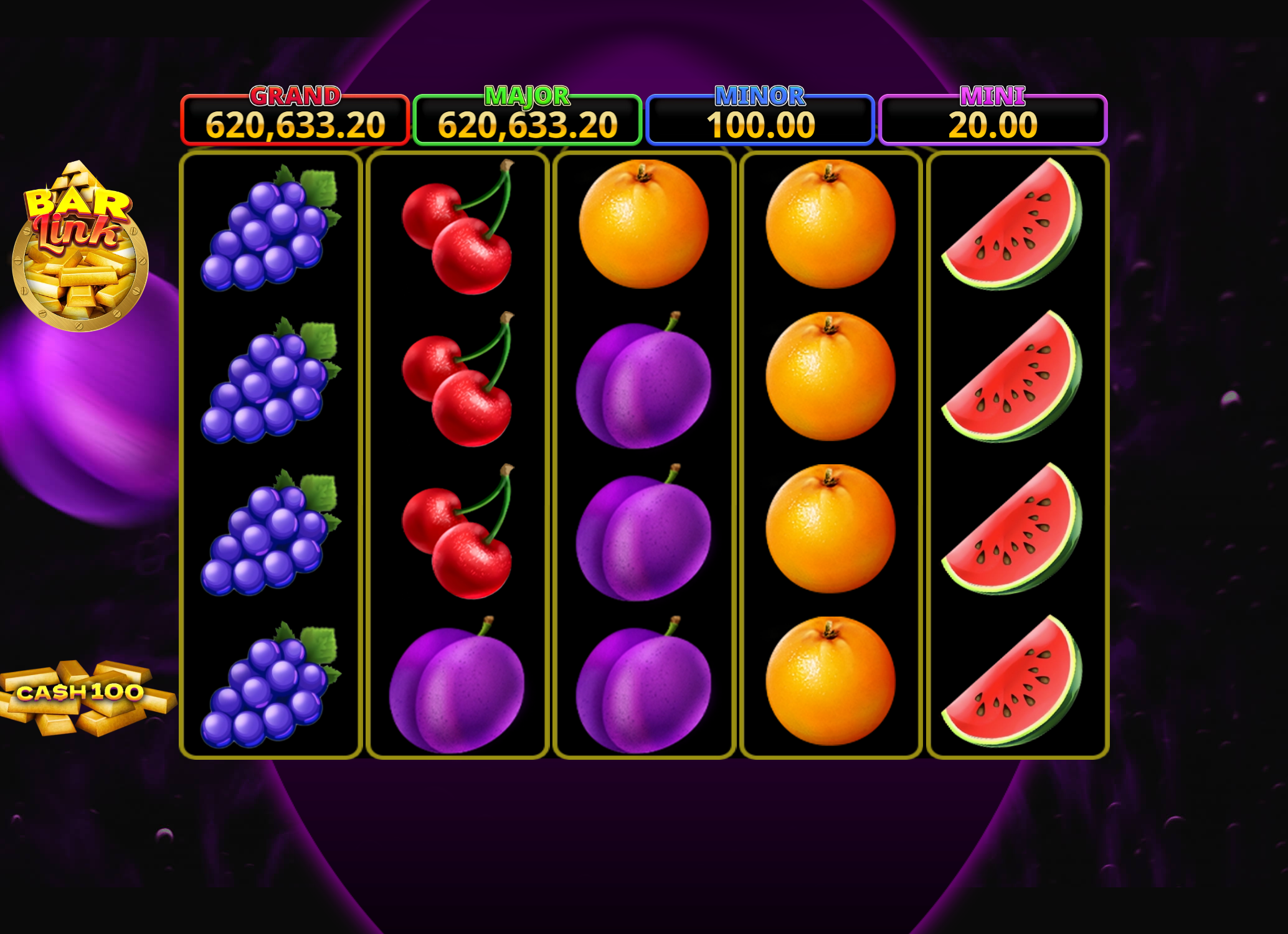Cash 100 Bar Link slot base game interface showing 5x4 grid with fruit symbols and jackpot displays.