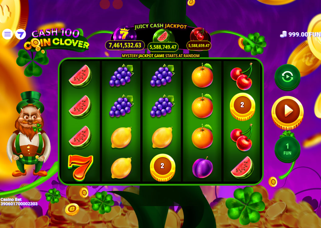 Cash 100 Coin Clover slot base game interface featuring a 5x4 grid with fruit and leprechaun symbols.