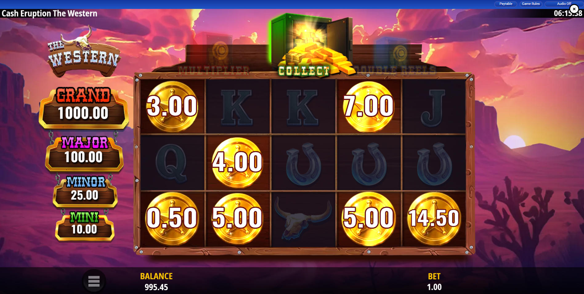 Green Collect symbol gathering the cash values of all locked Gold Coins during the Triple Cash Eruption Bonus