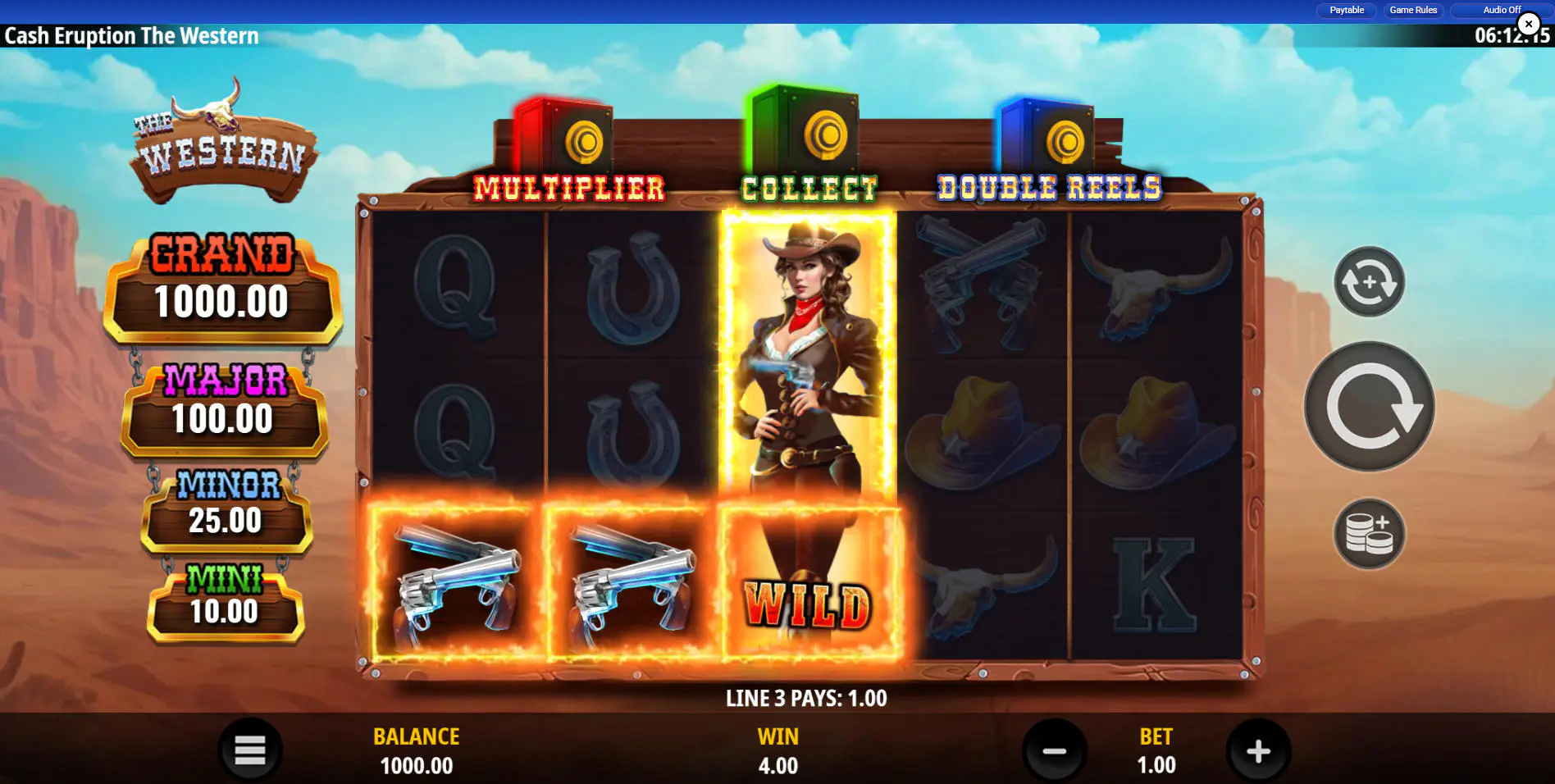 Expanding Cowgirl Wild symbol covering the entire third reel in the base game, showing the primary payout mechanic