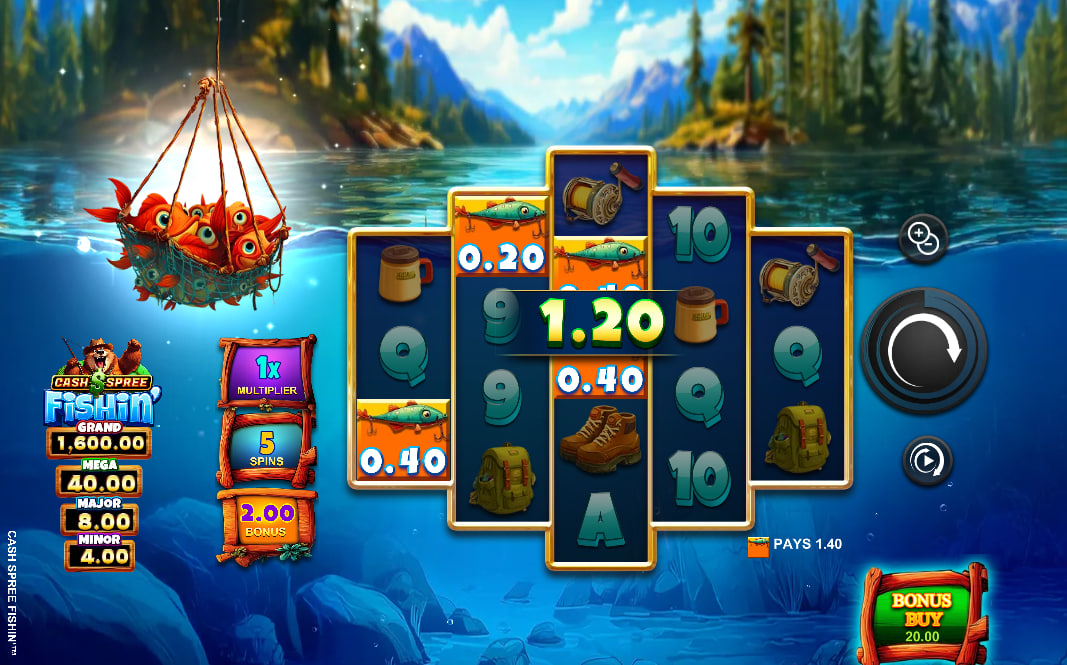 Cash Spree Fishin' slot base game 3-4-5-4-3 reel grid by Oros Gaming with nature background.