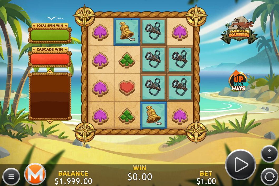 Cashtopher Columbus slot base game 4x4 grid on a tropical beach background by Massive Studios.