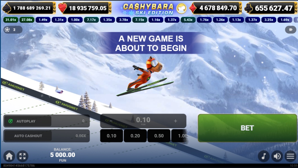 Cashybara Ski Edition crash game main screen showing capybara skiing and multiplier rising.