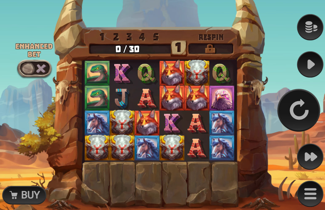 Celestial Buffalo slot base game Stage 0 with 6x4 grid and canyon background.
