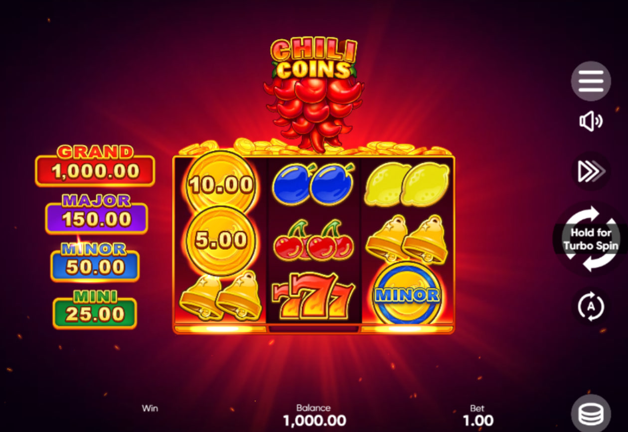 Chili Coins slot 3x3 grid with fruit symbols and fire background