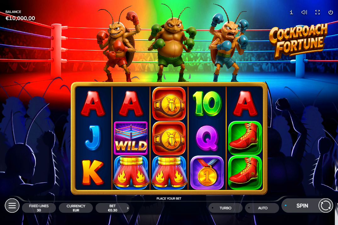 Cockroach Fortune slot base game interface showing 5x3 grid, boxing ring background, and insect characters.