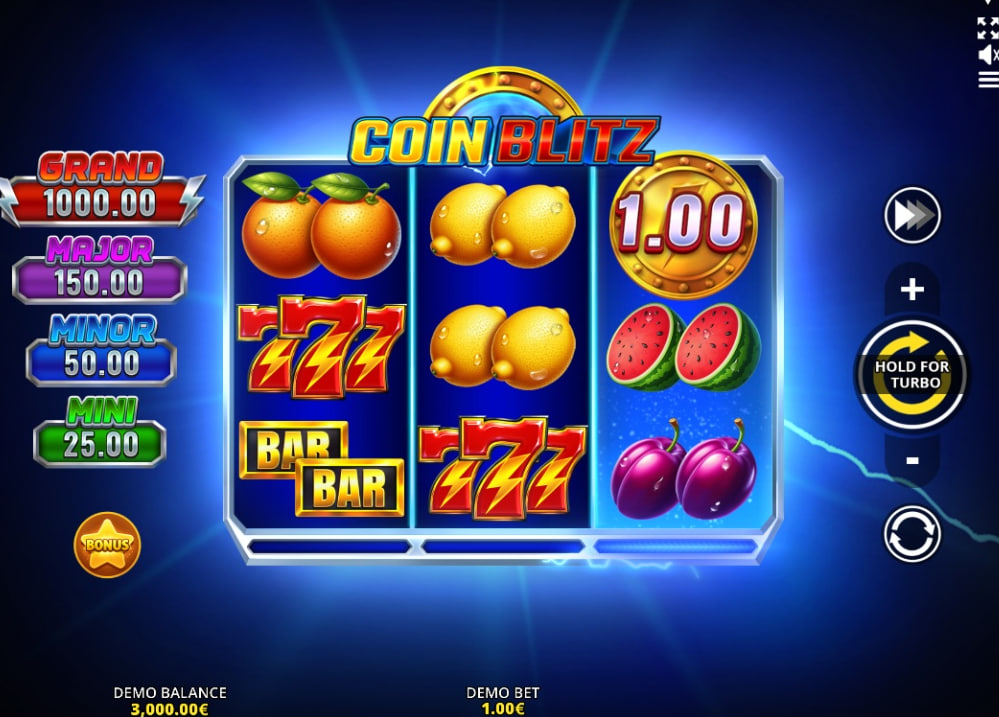 Coin Blitz slot base game interface showing 3x3 grid, fruit symbols, and electric blue background.