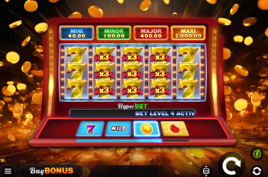 Coin Fall Hold and Win slot base game interface showing 5 reels and HyperBet options.