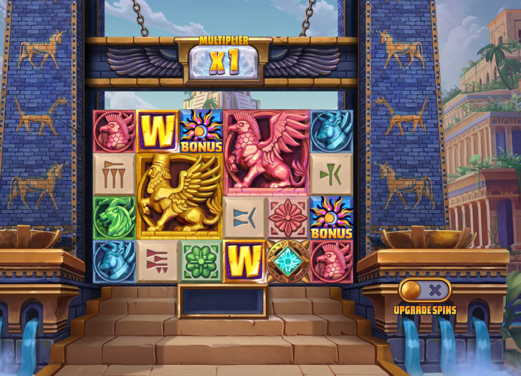 Main 6x6 grid of Conquer Babylon slot by Relax Gaming showing ancient Mesopotamian symbols, the Ishtar Gate background, and the spin interface.