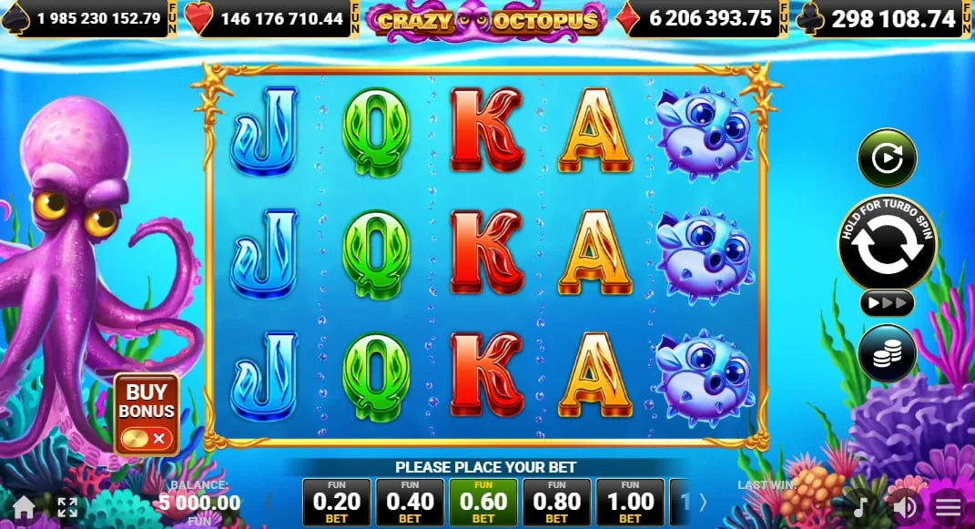 Crazy Octopus slot main 5x3 grid showing underwater symbols and the purple octopus character.