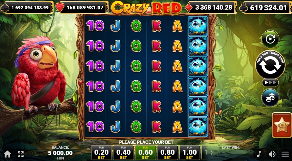 Crazy Red slot base game interface showing 6x5 grid with parrot scatter and jungle background.