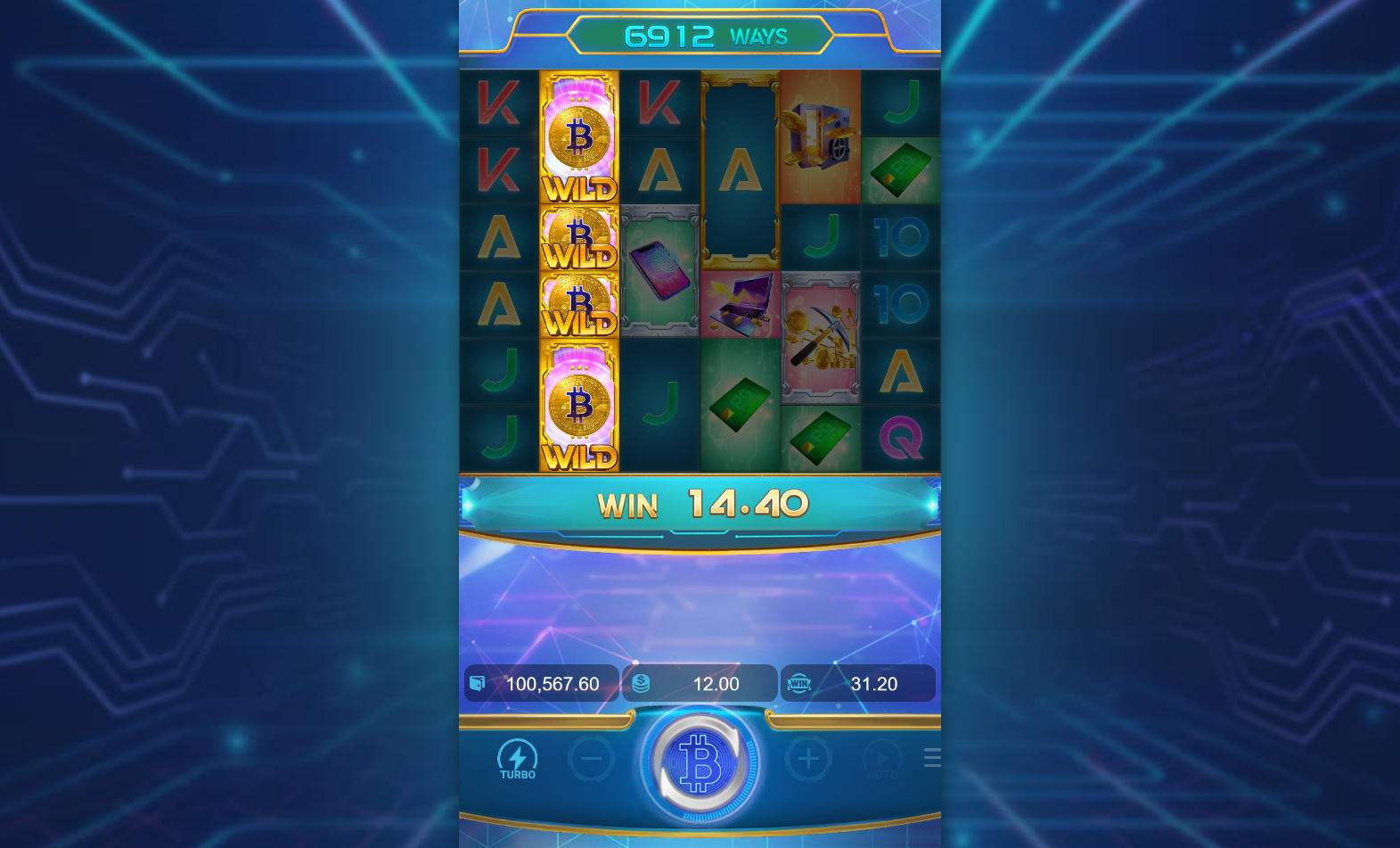 A gold-framed symbol in Crypto Gold after a cascade win, showing the player the second step before a symbol becomes a Wild.
