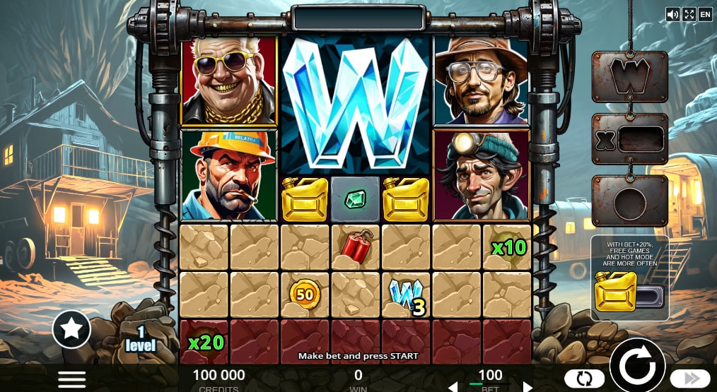 Main 7-reel grid of Digger's Fortune slot by Belatra showing mining symbols and stone blocks.