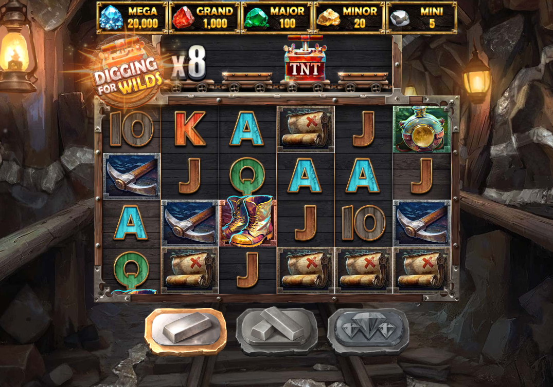 Digging for Wilds slot base game interface showing 5x4 grid, mining symbols, and overhead cart tracks by Red Tiger Gaming.