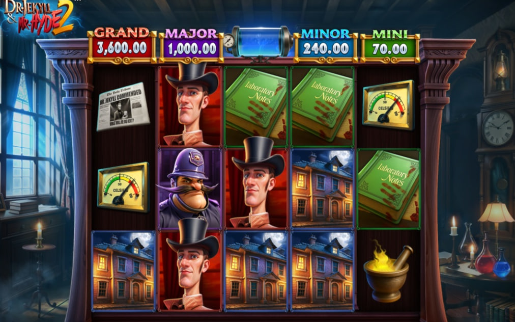 Base game reels of Dr. Jekyll & Mr. Hyde 2 slot by Betsoft featuring Victorian laboratory background and high-paying character symbols on a 5x3 grid.