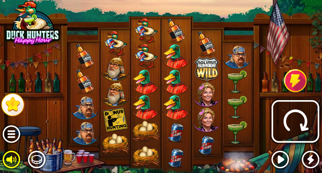 Duck Hunters Happy Hour slot base game with hunters and beer symbols on 5 reels.