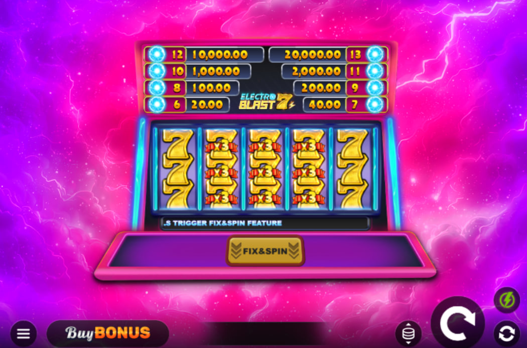 Electro Blast 7s slot base game interface showing 5x3 reel grid with neon 7s and Cashpot ladders.