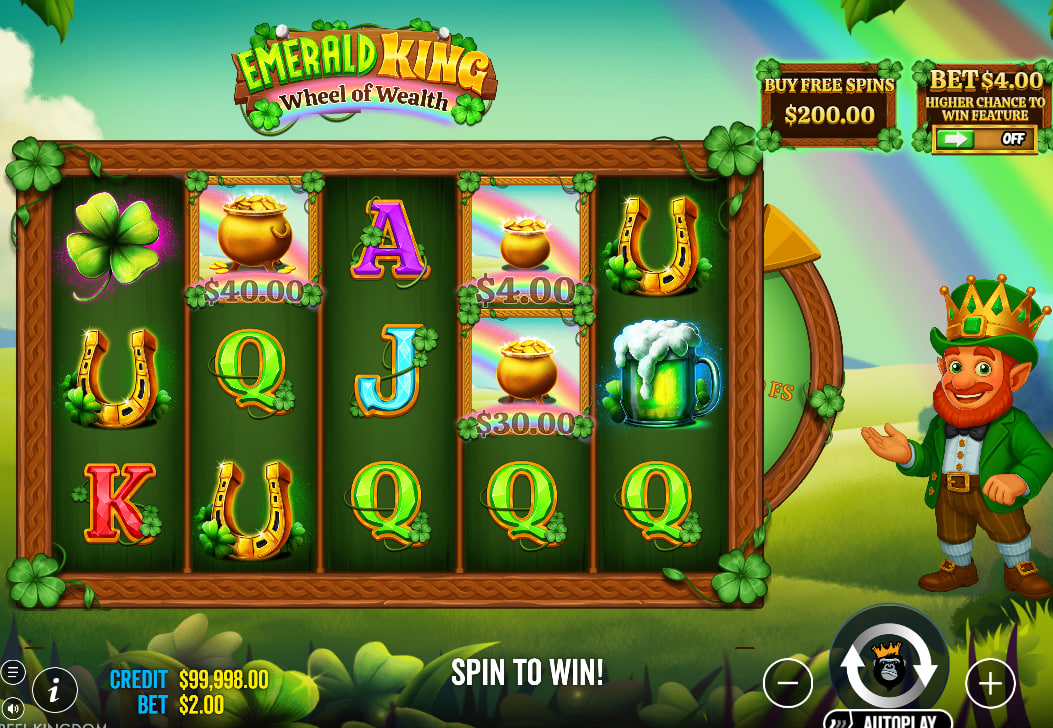 Emerald King Wheel of Wealth slot base game interface showing 5 reels, 3 rows, pot of gold symbols, and the retro Irish theme background.