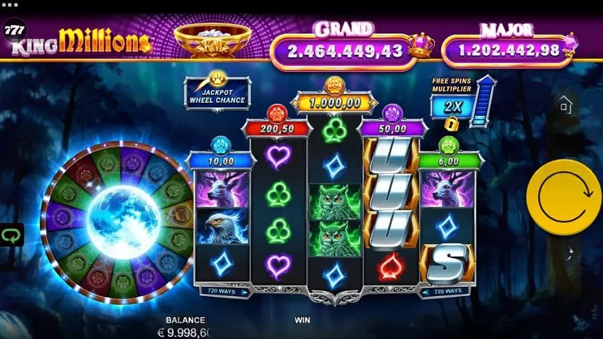 Enchanted Wolf Rising Rewards King Millions base game 3-4-5-4-3 grid in forest