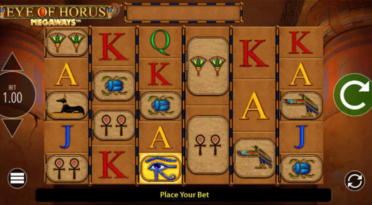 Eye of Horus The Golden Tablet Megaways base game reel set showing 6 reels and hieroglyph symbols on sandstone pillars.