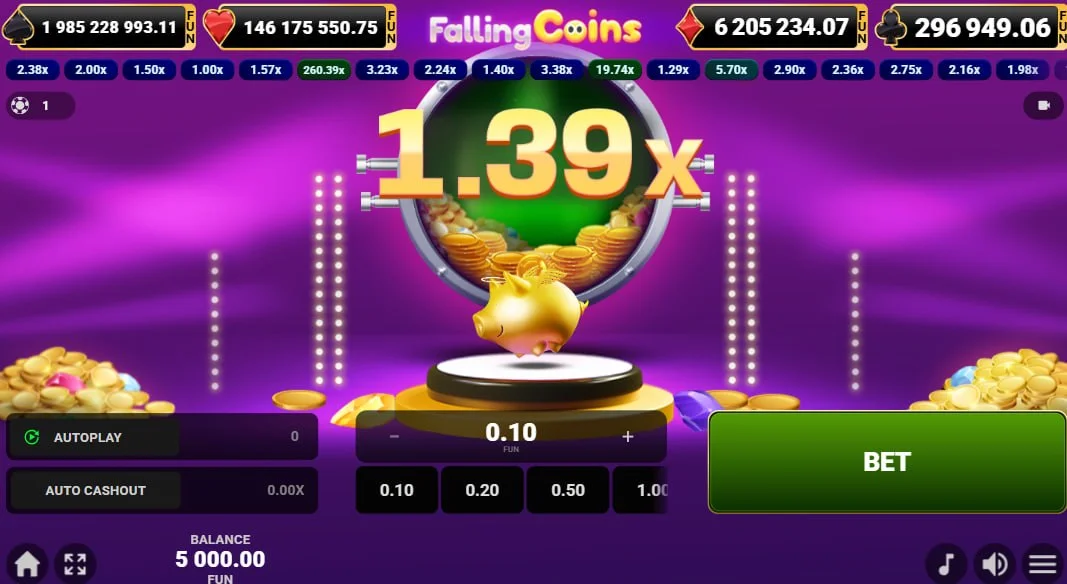 Central multiplier interface in Falling Coins showing the rising value during an active round for payout calculation.