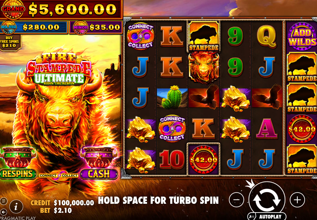 Fire Stampede Ultimate slot base game interface showing the 5-5-3-5-5 grid and reel 6 rewards